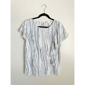 H Halston Blouse Womens Size Medium Short Sleeve Front Ruffle Striped Business